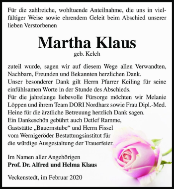 Traueranzeige von Martha Klaus (geb. Kelch)  von Magdeburger Volksstimme