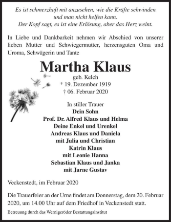 Traueranzeige von Martha Klaus (geb. Kelch)  von Magdeburger Volksstimme