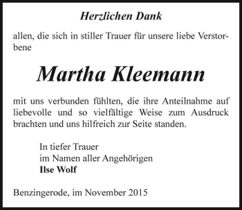 Traueranzeige von Martha Kleemann  von Magdeburger Volksstimme