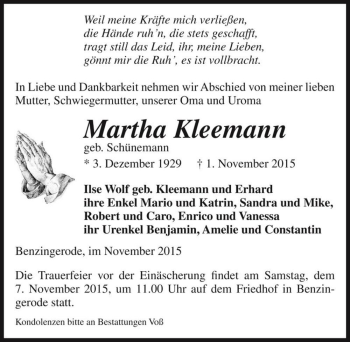 Traueranzeige von Martha Kleemann (geb. Schünemann)  von Magdeburger Volksstimme
