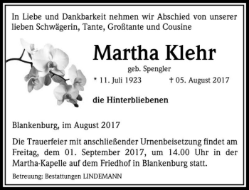 Traueranzeige von Martha Klehr (geb. Spengler)  von Magdeburger Volksstimme