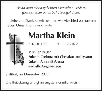 Traueranzeige von Martha Klein  von Magdeburger Volksstimme
