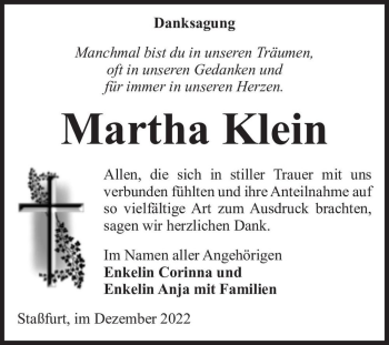Traueranzeige von Martha Klein  von Magdeburger Volksstimme