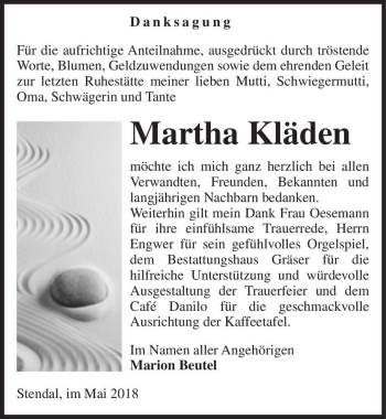 Traueranzeige von Martha Kläden  von Magdeburger Volksstimme