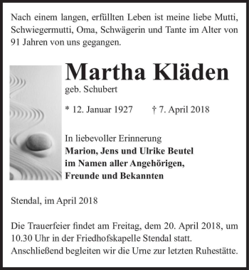 Traueranzeige von Martha Kläden (geb. Schubert)  von Magdeburger Volksstimme