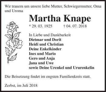 Traueranzeige von Martha Knape  von Magdeburger Volksstimme