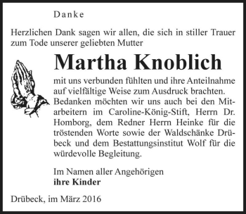 Traueranzeige von Martha Knoblich  von Magdeburger Volksstimme