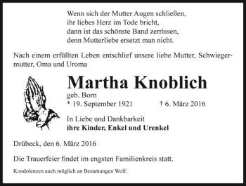 Traueranzeige von Martha Knoblich (geb. Born)  von Magdeburger Volksstimme