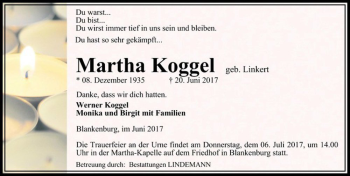 Traueranzeige von Martha Koggel (geb. Linkert)  von Magdeburger Volksstimme