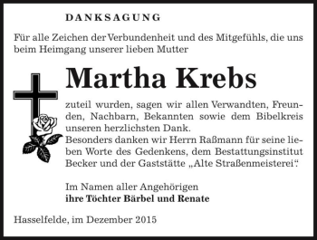 Traueranzeige von Martha Krebs  von Magdeburger Volksstimme
