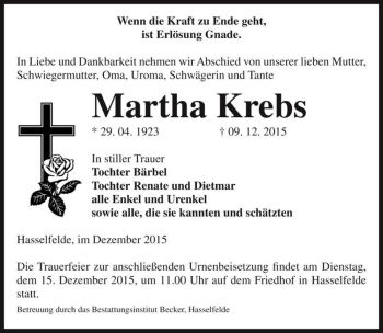 Traueranzeige von Martha Krebs  von Magdeburger Volksstimme