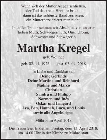 Traueranzeige von Martha Kregel (geb. Wöllner)  von Magdeburger Volksstimme