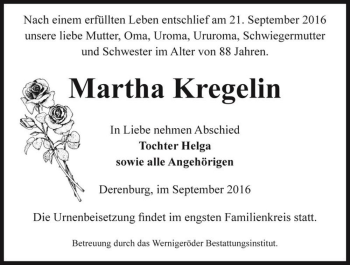 Traueranzeige von Martha Kregelin  von Magdeburger Volksstimme