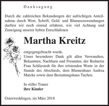Traueranzeige von Martha Kreitz  von Magdeburger Volksstimme