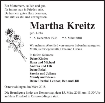 Traueranzeige von Martha Kreitz (geb. Liehs)  von Magdeburger Volksstimme
