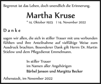 Traueranzeige von Martha Kruse  von Magdeburger Volksstimme