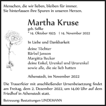 Traueranzeige von Martha Kruse (geb. Sellke)  von Magdeburger Volksstimme