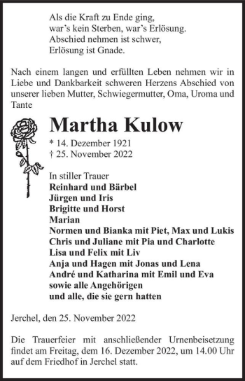 Traueranzeige von Martha Kulow  von Magdeburger Volksstimme