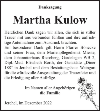 Traueranzeige von Martha Kulow  von Magdeburger Volksstimme