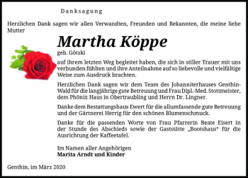 Traueranzeige von Martha Köppe (geb. Götzki)  von Magdeburger Volksstimme