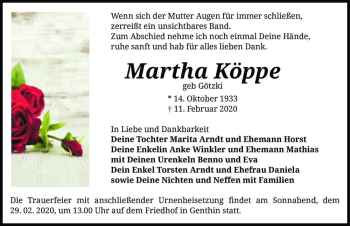 Traueranzeige von Martha Köppe (geb Götzki)  von Magdeburger Volksstimme
