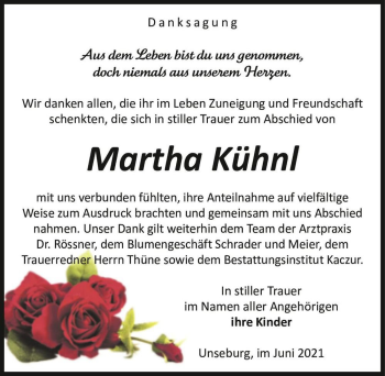 Traueranzeige von Martha Kühnl  von Magdeburger Volksstimme