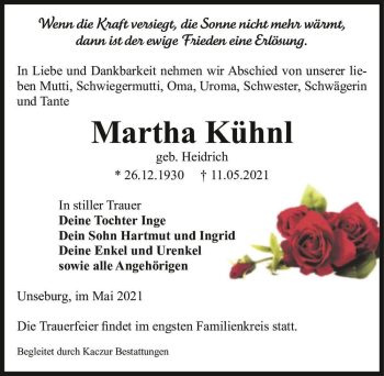 Traueranzeige von Martha Kühnl (geb. Heidrich)  von Magdeburger Volksstimme
