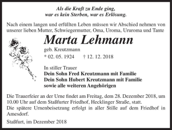 Traueranzeige von Martha Lehmann (geb. Kreutzmann)  von Magdeburger Volksstimme