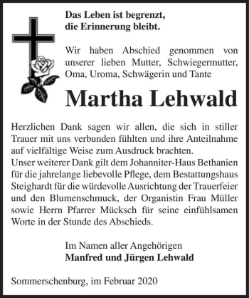 Traueranzeige von Martha Lehwald  von Magdeburger Volksstimme