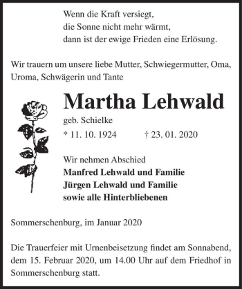 Traueranzeige von Martha Lehwald (geb. Schielke)  von Magdeburger Volksstimme