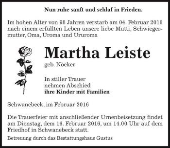 Traueranzeige von Martha Leiste (geb. Nöcker)  von Magdeburger Volksstimme