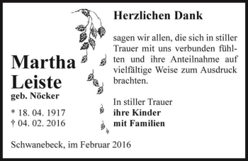Traueranzeige von Martha Leiste (geb. Nöcker)  von Magdeburger Volksstimme
