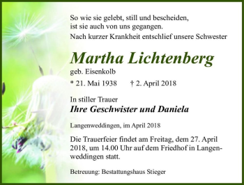 Traueranzeige von Martha Lichtenberg (geb. Eisenkolb)  von Magdeburger Volksstimme