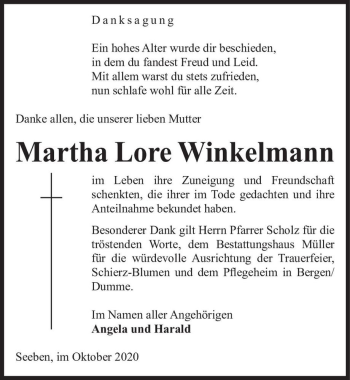 Traueranzeige von Martha Lore Winkelmann  von Magdeburger Volksstimme