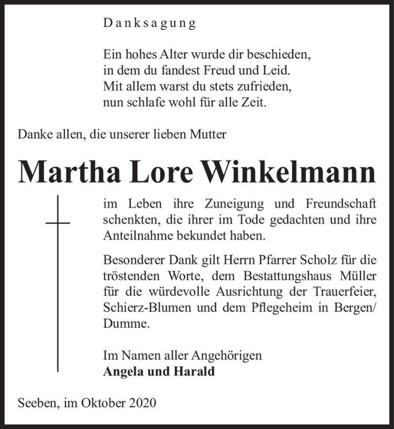  Traueranzeige für Martha Lore Winkelmann  vom 24.10.2020 aus Magdeburger Volksstimme