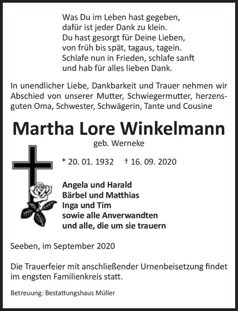  Traueranzeige für Martha Lore Winkelmann (geb. Wernecke)  vom 19.09.2020 aus Magdeburger Volksstimme