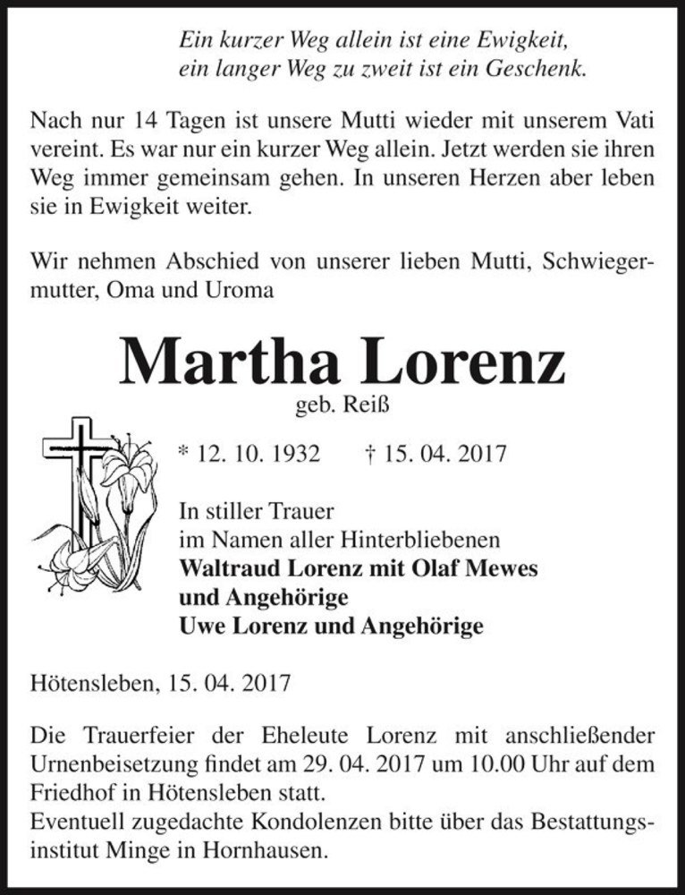  Traueranzeige für Martha Lorenz (geb. Reiß)  vom 22.04.2017 aus Magdeburger Volksstimme