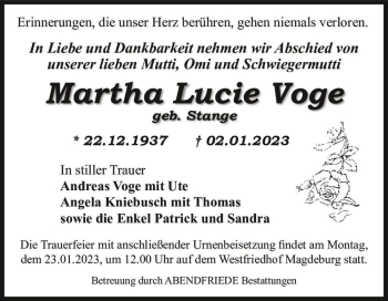 Traueranzeige von Martha Lucie Voge (geb. Stange)  von Magdeburger Volksstimme