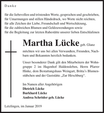 Traueranzeige von Martha Lücke (geb. Glanz)  von Magdeburger Volksstimme