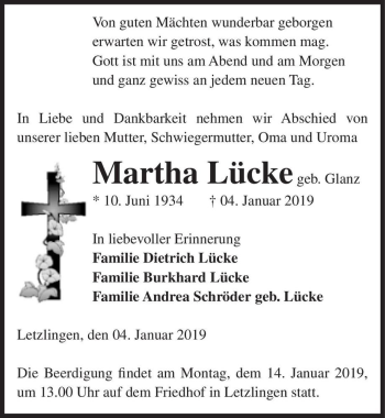 Traueranzeige von Martha Lücke (geb. Glanz)  von Magdeburger Volksstimme
