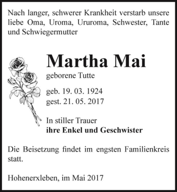 Traueranzeige von Martha Mai (geb. Tutte)  von Magdeburger Volksstimme