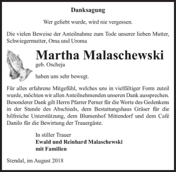 Traueranzeige von Martha Malaschewski (geb. Oscheja)  von Magdeburger Volksstimme