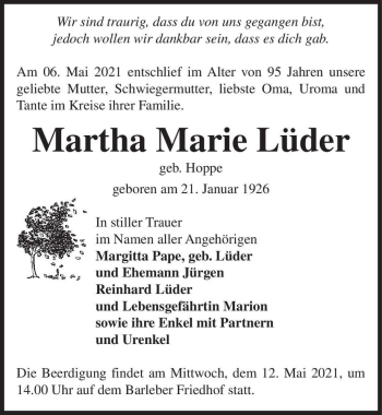 Traueranzeige von Martha Marie Lüder (geb. Hoppe)  von Magdeburger Volksstimme