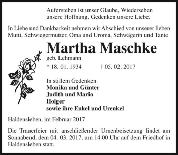 Traueranzeige von Martha Maschke (geb. Lehmann)  von Magdeburger Volksstimme