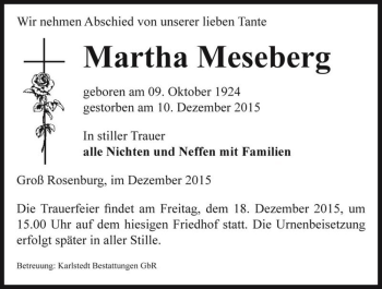 Traueranzeige von Martha Meseberg  von Magdeburger Volksstimme