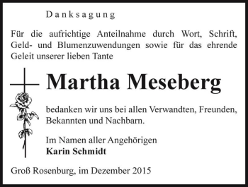 Traueranzeige von Martha Meseberg  von Magdeburger Volksstimme