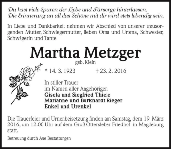 Traueranzeige von Martha Metzger (geb. Klein)  von Magdeburger Volksstimme