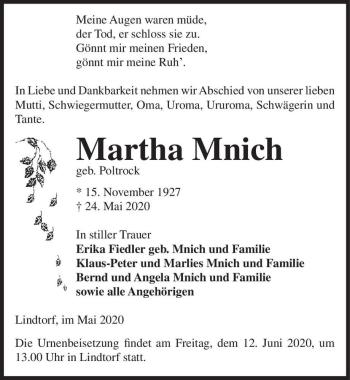 Traueranzeige von Martha Mnich (geb. Poltrock)  von Magdeburger Volksstimme