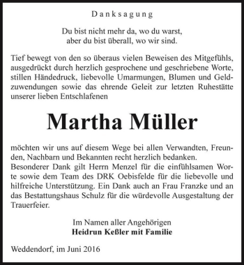 Traueranzeige von Martha Müller  von Magdeburger Volksstimme