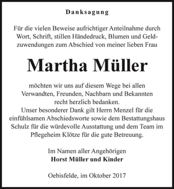 Traueranzeige von Martha Müller  von Magdeburger Volksstimme